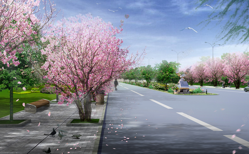 花瓣飘落樱花季海报背景jpg设计背景_88icon https://88icon.com psd素材 园林效果图 树木 樱花 樱花大道 花瓣飘落 道路景观设计 道路绿化