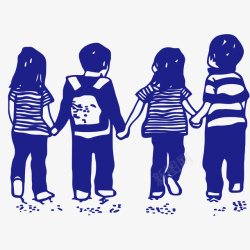 手绘蓝色四个孩子背影矢量图素材