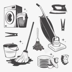 洗衣机卡通素材黑白风格家庭清洁工具高清图片