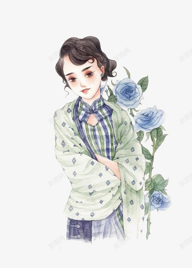 手绘民国美女png免抠素材_88icon https://88icon.com 复古风 手绘现代美女 民国美女 美女 蓝色鲜花 装饰
