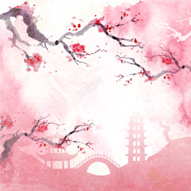 水墨手绘卡通樱花日本唯美旅行背景背景