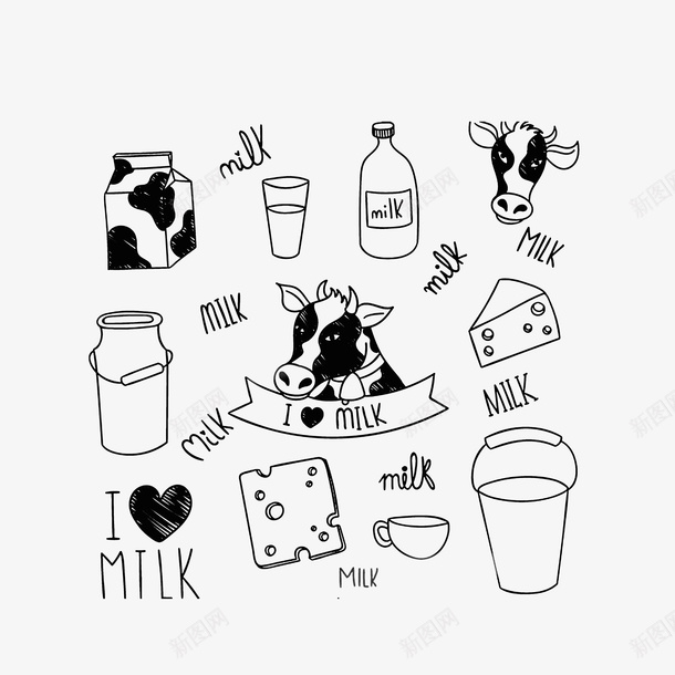手绘牛奶加工成品psd免抠素材_88icon https://88icon.com 一盒牛奶 奶牛 奶酪 手绘图 桶装奶 瓶装奶 盒装奶
