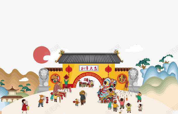 卡通狗年龙抬头插画png免抠素材_88icon https://88icon.com 中国风 二月二 传统 卡通手绘 古典 城门 插画 狗年 蓝色 龙抬头