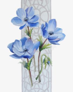 水彩手绘蓝色鲜花和窗框素材