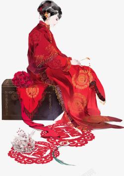 红衣新娘侧面古风手绘素材