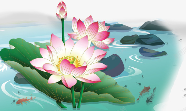 手绘装饰荷塘一角插画psd免抠素材_88icon https://88icon.com 夏天 小清新 手绘 荷叶 荷塘 荷花 装饰图案