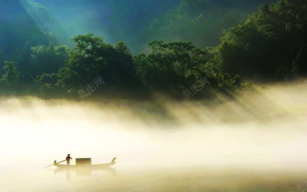 迷雾森林小船海报背景