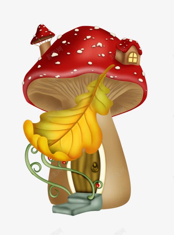 卡通红色蘑菇树屋png免抠素材_88icon https://88icon.com 卡通 卡通手绘 卡通树屋 树屋 红色蘑菇 落叶