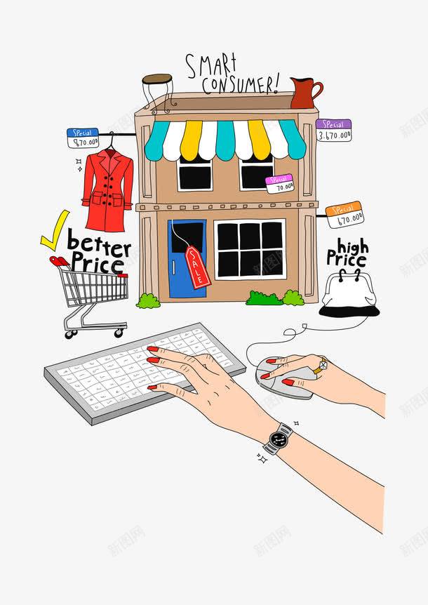 超市促销结算png免抠素材_88icon https://88icon.com 人手 商店 女装 购物车 键盘 鼠标
