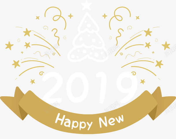 2019新年香槟金庆祝标签png免抠素材_88icon https://88icon.com 2019年 折叠丝带 新年 标签 烟花 矢量图案 香槟金