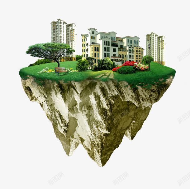 创意地产海报元素png免抠素材_88icon https://88icon.com 创意地产海报元素 城市建筑 悬浮在空中的房子 楼盘 绿色