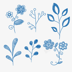 蓝色手绘植物片免费下矢量图素材