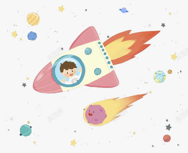 宇航员坐火箭穿越宇宙png免抠素材_88icon https://88icon.com 创意 卡通 地球 宇航员 寓意 手绘 火球 火箭