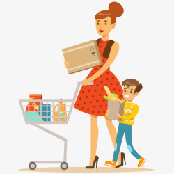 妈妈购物车妈妈和儿子购物插画矢量图高清图片
