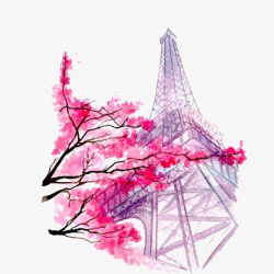 粉红色花朵水彩彩绘巴黎铁搭素材