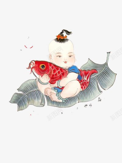小孩抱鱼png免抠素材_88icon https://88icon.com 中国风 儿童 国画 年年有余 树叶 鱼