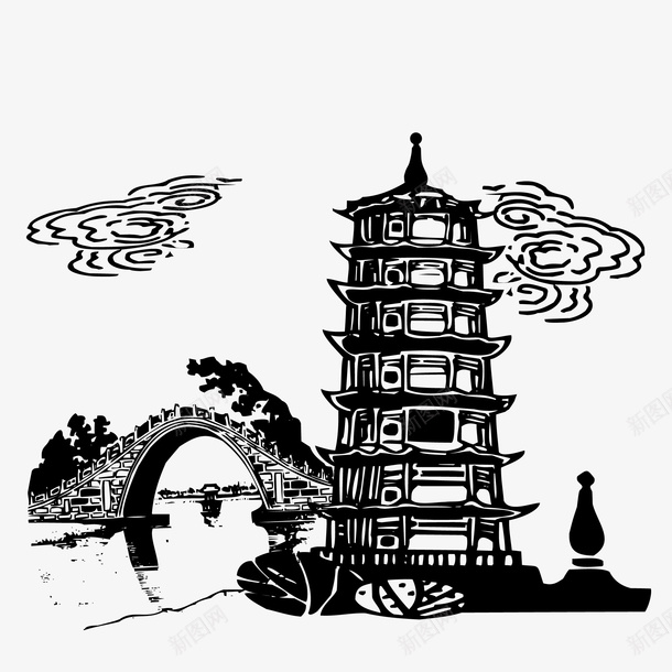 清代建筑小桥和古塔图矢量图ai免抠素材_88icon https://88icon.com 小桥和古塔 建筑 桥 清代 白云 矢量免抠图 雷锋塔 黑色线描画 矢量图