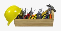 木质锤子黄色帽子和木质工具箱高清图片
