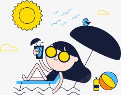 卡通帐篷海边度假晒太阳的游客高清图片