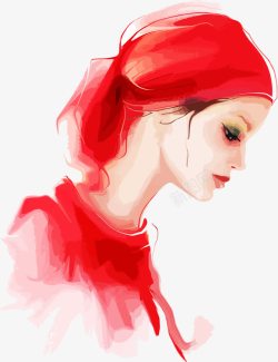红色绸缎面料头巾美女插画素材