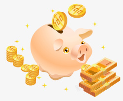 卡通手绘小猪存钱罐和金币素材