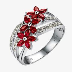 产品实物红宝石花瓣三朵戒指素材