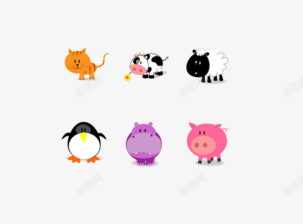 卡通动物绘制png免抠素材_88icon https://88icon.com 企鹅 动物 卡通 奶牛 河马 猫 玩具 绘制 绵羊