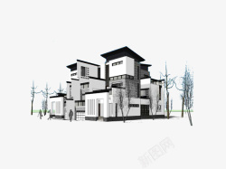 树木模型南方新中式徽派别墅黑白灰色调建高清图片