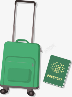 手绘护照绿色拉杆箱护照旅游用品元素高清图片