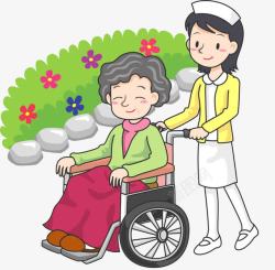 卡通的轮椅护士推轮椅上的人散步高清图片