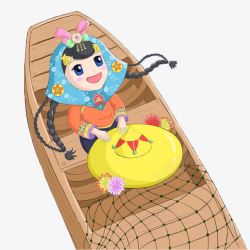 坐在渔船上的惠安女孩素材
