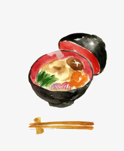 手绘水彩插图日本定食拉面素材