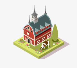 立体红房子等距城市插画25D立体农场红高清图片
