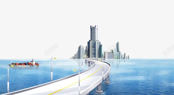 海滨城市背景png免抠素材_88icon https://88icon.com 城市 建筑 海边 货轮 跨海大桥