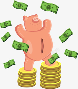 色猪卡通站在金币堆上的储蓄罐猪高清图片