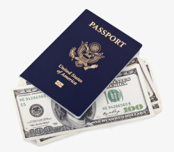 蓝色美国护照压着一叠美金实物素材