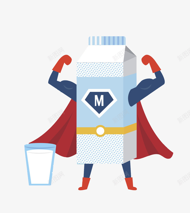 卡通超人牛奶图png免抠素材_88icon https://88icon.com 创意的 卡通 强壮的 插图 杯子 牛奶 红色斗篷 超人