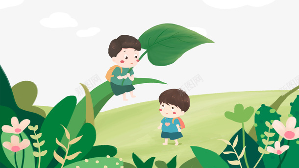 卡通手绘在草地上玩耍的孩子psd免抠素材_88icon https://88icon.com 卡通 在草地上 手绘 玩耍的孩子 绿叶 背着书包的学生 草丛装饰