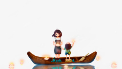 卡通手绘船上放河灯的女孩素材
