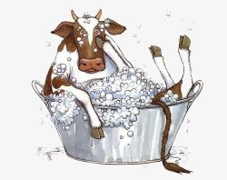 卡通浴盆洗泡泡澡的奶牛高清图片