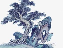 水彩松树国画松枝奇石高清图片