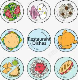 面包盘子手绘白色蓝色餐盘和各种菜式高清图片