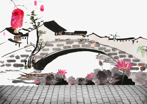 风景宜人祥和宁静水墨画png免抠素材_88icon https://88icon.com 房屋 桥 水墨画 灯笼 艺术 荷花