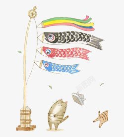 黑色图案日本折扇鲤鱼旗与猫高清图片