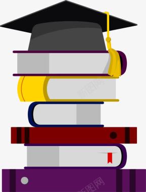 大学生毕业叠放在书本上的学士帽图标图标