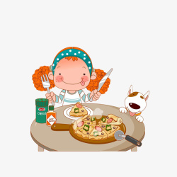 手拿花束的女孩卡通等吃披萨的小狗高清图片