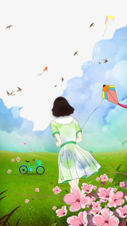 卡通手绘花田里放风筝的女孩素材