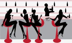 喝酒的女人坐在酒吧吧台喝酒的女人们剪影高清图片