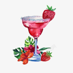 卡通酒水水彩绘红色鸡尾酒和花卉高清图片