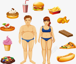 垃圾食品与肥胖男女矢量图素材